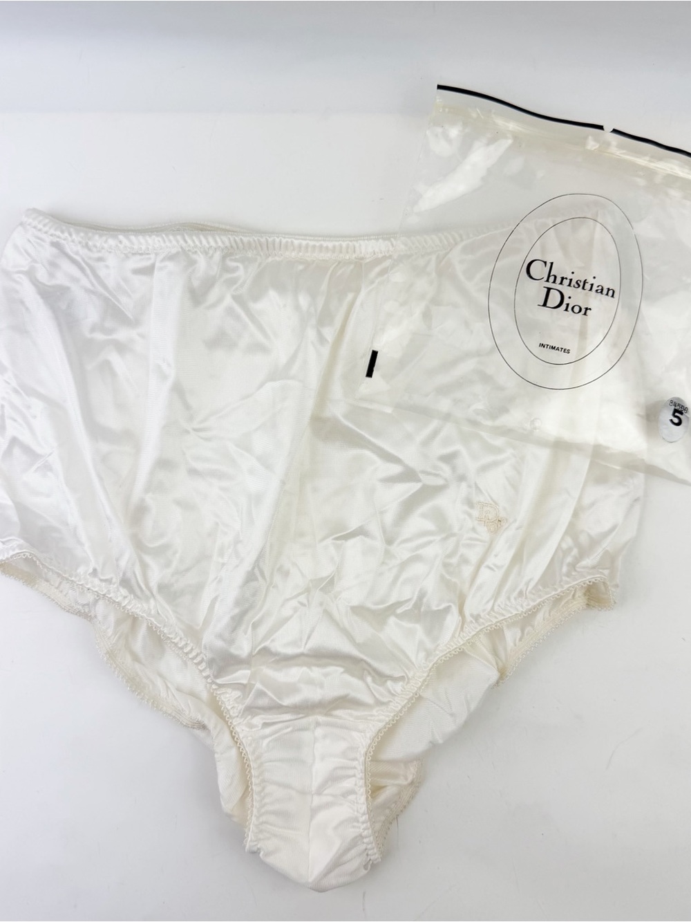 NWT Vtg Christian Dior Intimates White Satin Nylon Brief Panties Lace Logo 5